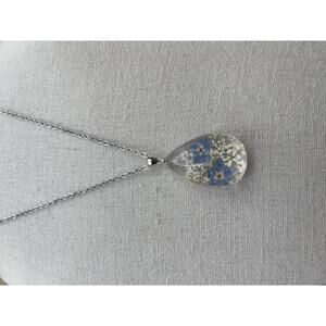 Silver Teardrop Pendant Necklace with Preserved Blue Flowers